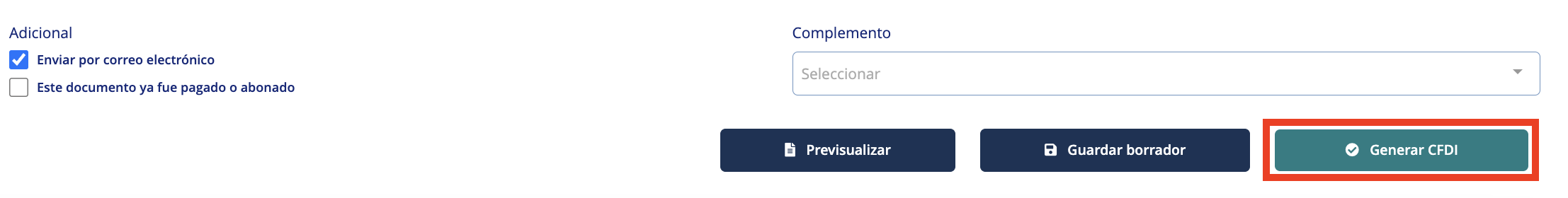 Sección conceptos agregados señalando el botón "Generar CFDI"